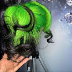 Hair | Neon Green And Black Skunk Stripe Hd Lace Frontal Wig | Poshmark Hair Gradient, Lux Hair, Black Highlights, Green Wig, Hair Tape, Short Human Hair Wigs, Dyed Hair Inspiration, Human Virgin Hair