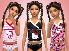 three girls wearing hello kitty swimsuits and one has braids in her hair