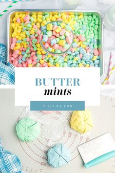 a tray filled with lots of candy and marshmallows on top of a table