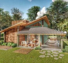 a rendering of a house in the middle of a park with trees and grass around it