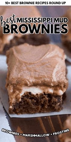 brownies with marshmallow frosting on top and the title best mississippi mud brownies