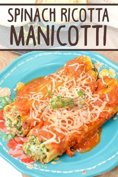 spinach ricotta manicotti on a blue plate