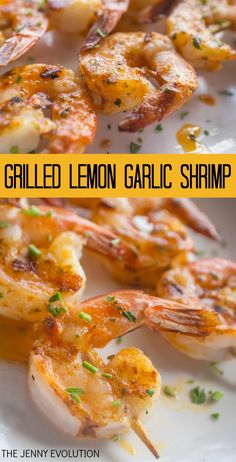 grilled lemon garlic shrimp on a white plate with text overlay that reads grilled lemon garlic shrimp