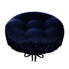 a blue round chair cushion with ties on the bottom and black fabric at the top