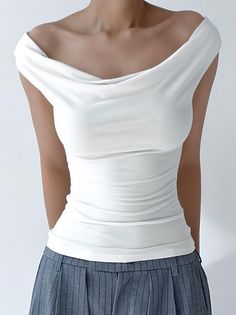 Skinny Sleeveless Backless Solid Color Split-Joint Tied Off-The-Shoulder T-Shirts Tops WHITE-S Backless Tank Top, Streetwear Mode, Weather Wear, Backless Top, Summer Crop Tops, White Tops, Cowl Neck, T Shirt Top, Off The Shoulder