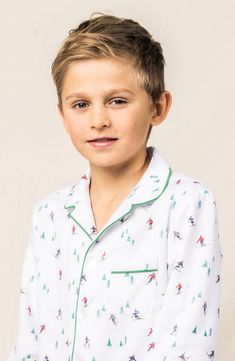 Send your kiddo off to dreamland in these cozy cotton-blend pajamas with a ski-inspired pattern on ultrasoft flannel. Meets Consumer Product Safety Commission's flammability standards for children's sleepwear 60% cotton, 40% modacrylic Machine wash, dry flat Imported Family Ski Vacation, Ski Family, Short Pajamas, Classic Pajamas, Collared Top, Flannel Pajamas, Kids Coats, Consumer Products, Pajama Shorts