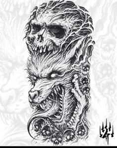 a drawing of a demon head with skulls on it