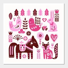 a pink and brown art print with different animals in the woods, flowers and hearts