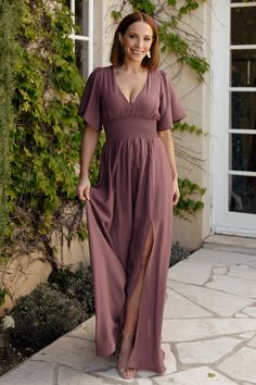 Verona Smocked Maxi Dress | Vintage Plum Elegant Maxi Dress With Smocked Bodice And Flowy Skirt, Chic Chiffon Maxi Dress With Smocked Bodice, Elegant V-neck Maxi Dress With Smocked Bodice, Elegant Floor-length Maxi Dress With Smocked Bodice, Chiffon Maxi Dress With Smocked Bodice, Elegant Maxi Dress With Smocked Bodice For Brunch, Elegant Mauve V-neck Maxi Dress, Purple Ruched Maxi Dress, Fitted Mauve Maxi Dress