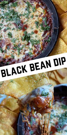 the black bean dip is being lifted from a skillet with tortilla chips