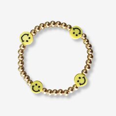 Yellow Smiley + Gold Ball Beaded Stackable Bracelet – Alexandra Gioia Callie Gullickson, Peloton Instructors, Smiley Bracelet, Paper Clip Bracelet, Make Clay Beads, Yellow Smiley Face, Pink Pouch, Mama Necklace, Brass Beads