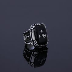 "This personalized ring is one of unique jewelry which is made for you.  If you have a symbol to use instead of Lilith, Serpent and Glyph signet please ask avaliability before you made an order.. Stone : Onyx Material: Sterling Silver 925k Plated: Rodium Plated Weight: 18.00gr (in silver) Please make sure you have correct measurements from the size cart. Some of stones has unique natural patterns inside of them. And they will probably has different colour tones and different patterns than the sa Black Skull Ring With Open Design As Gift, Black Open Skull Ring As A Gift, Black Gothic Stainless Steel Skull Ring, Gothic Stainless Steel Metal Ring Jewelry, Gothic Black Stainless Steel Rings, Black Stainless Steel Skull Ring As Gift, Black Stainless Steel Skull Ring For Gift, Symbolic Gemstone Rings For Formal Occasions, Symbolic Black Gemstone Jewelry