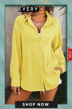 Casual Solid Basic Shirt Collar Tops Yellow Relaxed Fit Solid Color Tops, Yellow Relaxed Fit Solid Tops, Yellow Solid Color Shirt For Summer, Summer Yellow Solid Color Shirt, Casual Solid Yellow Shirt, Yellow Casual Solid Color Shirt, Yellow Spring Shirt, Casual Long Sleeve Yellow Blouse, Casual Yellow Long Sleeve Blouse