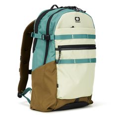 a backpack with two different colors and straps on the front, one is brown and blue