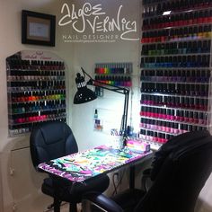 Diy Home Nail Salon, Diy Nail Station At Home, Nail Tech Station At Home Diy, Nail Work Station Ideas, Diy Nail Salon Shed, Personal Nail Station At Home, Nail Studio Ideas, Work Station Ideas