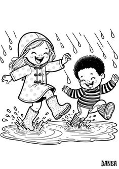 two children playing in the rain coloring page