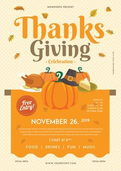 a thanksgiving flyer with pumpkins and other items on the front, along with an orange background