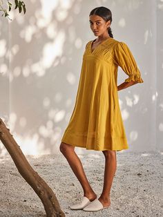 Warm Afternoon Dress DRESSES KHARA KAPAS Resort Party, Short Dress For Women, Mustard Yellow Dress, Mustard Yellow Dresses, Mustard Dressing, Afternoon Dress, Yellow Fabric, Puffed Sleeves, Yellow Dress