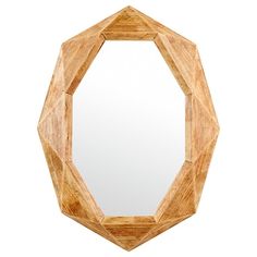 an octagonal wooden mirror on a white background