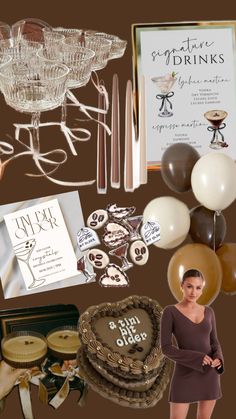 a collage of various items including cake, balloons and other things to decorate it