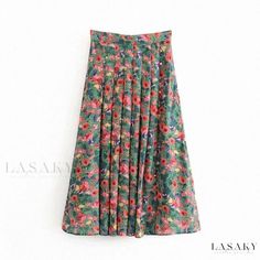 Lasaky - High-Waisted Pleated Floral Print Vacation Midi Skirt with Ruffles Long Green Skirt, Vintage Style Skirts, Fall Fashion Skirts, French Women Style, Mid Calf Skirt, Holiday Skirts, Floral Pleated Skirt, Cascading Ruffles, Printed Pleated Skirt