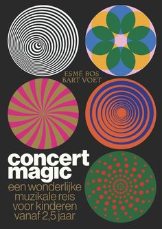 the poster for concert magic, featuring four circular designs in different colors and sizes on a black background