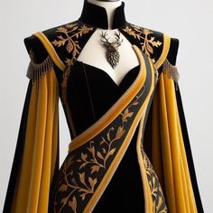 Black And Gold Princess Dress, Black And Gold Medieval Dress, Fantasy Dress Design Art, Fantasy Clothing Design, Fantasy Costume Design, Manhwa Fashion, Animated Clothing, Royal Attire, Royal Gowns