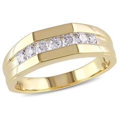 This stylish men's ring features channel-set round white diamonds set in 10-karat yellow gold. This beautiful ring is enhanced with a high polish finish. Diamond Mens Ring, Geometric Diamond Ring, Yellow Gold Mens Rings, Diamond Anniversary Bands, Geometric Diamond, Diamond Anniversary, Men's Ring, Anniversary Bands, Diamond Band