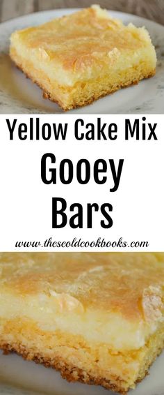 yellow cake mix gooey bars on a plate with the words below it in black and white