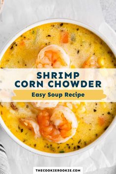 shrimp corn chowder soup in a white bowl