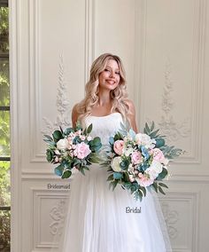 a woman in a wedding dress holding two bouquets