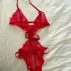 Victoria’s Secret - Red Lace Lingerie - Nwt - Size Medium Red Lingerie Outfit, Red Lace Lingerie, Bustier Lingerie, Pink Babydoll, Red Pajamas, Silk Chemise, Victoria Secret Pajamas, White Bras, Lingerie Costume