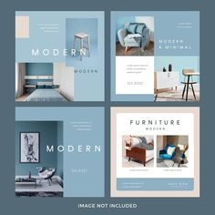 the interior design brochure is displayed in four different colors and sizes, including blue