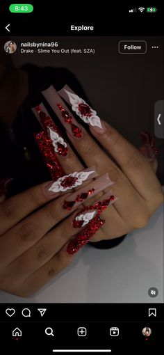 Red Bottom Nails, Red And Silver Nails, Burgundy Acrylic Nails, Nail Designs Bling, Quince Nails, Long Red Nails, Prom Nails Red, Red And White Nails, Quinceanera Nails