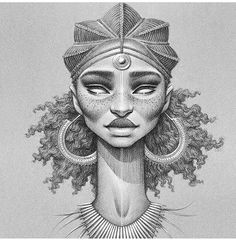 a black and white drawing of a woman's face with an intricate headdress