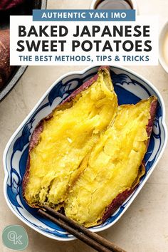 baked japanese sweet potatoes in a blue and white bowl with chopsticks on the side