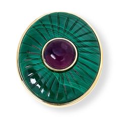 Elevate your jewelry collection with the Rarities Gold-Plated Malachite and Amethyst Carved Ring. This exquisite piece showcases a harmonious blend of nature and artistry, perfect for those who appreciate standout accessories.

- Material: 22-24K yellow gold-plated, stamped .925 silver
- Stones: Oval malachite (32x26mm), round amethyst (10mm)
- Dimensions: Approx. 1-5/16"L x 1-1/16"W x 3/8"H; shank 1/8"W
- Color: Gold
- Gender: Female
- Size: 5

Designed by Carol Brodie, this ring features a bea Green Multi-stone Amethyst Ring, Ireland Fashion, Carved Ring, Green Malachite, Unique Gemstones, Creative Jewelry, Bold Design, Rarity, Purple Amethyst