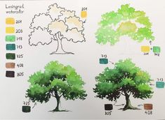 an image of trees painted in watercolors with numbers and colors for each tree