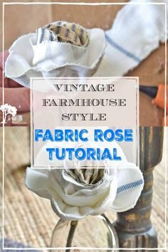 an old vase with fabric flowers in it and the words vintage farmhouse style on top