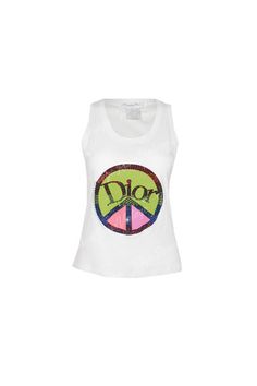 This vintage Dior top featuresAll over stretch fabric in the color whiteDior text logo and Peace sign in centerRainbow color rhinestone crystal detailIn good vintage condition with signs of wear and use, as always please view photos before purchaseSmall makeTag size FR42 GB14 US10 Vintage Dior Top, Dior Tank Top, Building Outfits, Ladies Tops Patterns, Dior Top, Png Clothes, 2000s Fashion Trends, Roses Vintage, Aesthetic Edits