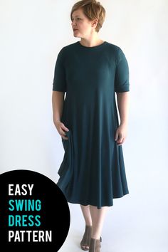 a woman wearing a green dress with the words easy swing dress pattern on it's side