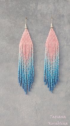 two pairs of pink and blue beaded earrings with fringes hanging from the ends