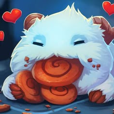 a white cat sitting on top of a pile of doughnuts next to hearts