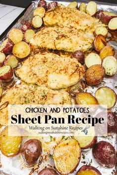 chicken and potatoes sheet pan recipe with text overlay