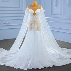 Illusion Pearls Mermaid Bridal Wedding Dress with Shawl Wedding Dress With Shawl, Wedding Dress Shawl, Champagne Quinceanera Dresses, White Quinceanera Dresses, Purple Quinceanera Dresses, Black Quinceanera Dresses, Quinceanera Dresses Gold, Women Suits Wedding, Quinceanera Dresses Pink