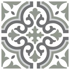 a gray and white tile pattern with an ornate design in the center, on a white background