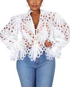 PRICES MAY VARY. Material: 60% Polyester, 20% cotton, this dressy tops/cute tops is made of lace, very soft to the touch. it's a ladies tops and blouses, very trendy for going out, also a sexy tops for women, womens blouses and tops dressy, white button down shirt women, sexy ruffled-bell sleeve top, women black tops and blouses plus size, women white long sleeve shirts blouse, cute lace tops for women, spring tops womens 2024, a good choice for date night or christmas outfit! Design: This black Lingerie Design, Shirt Collar Styles, Stand Collar Shirt, Short Blouses, African Shirts, Elegant Blouses, Blouse Material, Bell Sleeve Blouse, Loose Tops