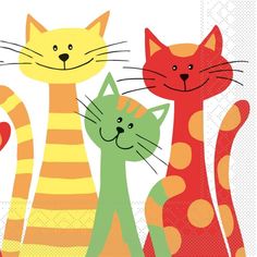 a group of cats standing next to each other on top of a white background with orange and green stripes