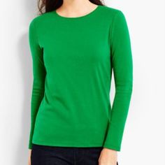 Long-Sleeve Crewneck Tee Is A Closet Staple. Great For Layering. Bright Green Color. Made Of 100% Pima Cotton. Sits At Hip. Machine Wash. Note: Shirt No Longer Has Tags On It But It Has Never Been Worn Or Washed (Nwot) Green Crew Neck Tops For Layering, Green Long Sleeve T-shirt For Layering, Classic Green Stretch Top, Green Stretch Classic Top, Green Long Sleeve Top For Everyday, Classic Green Long Sleeve T-shirt, Green Cotton Tops For Workwear, Green Cotton Workwear Tops, Green Cotton T-shirt For Layering