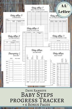 the baby steps tracker printable is shown on top of a wooden table with text overlay